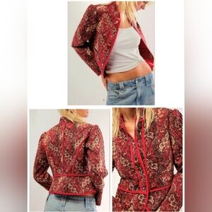 New Free People Zoey Quilted Jacket Cherry Combo Paisley Puff Shoulders